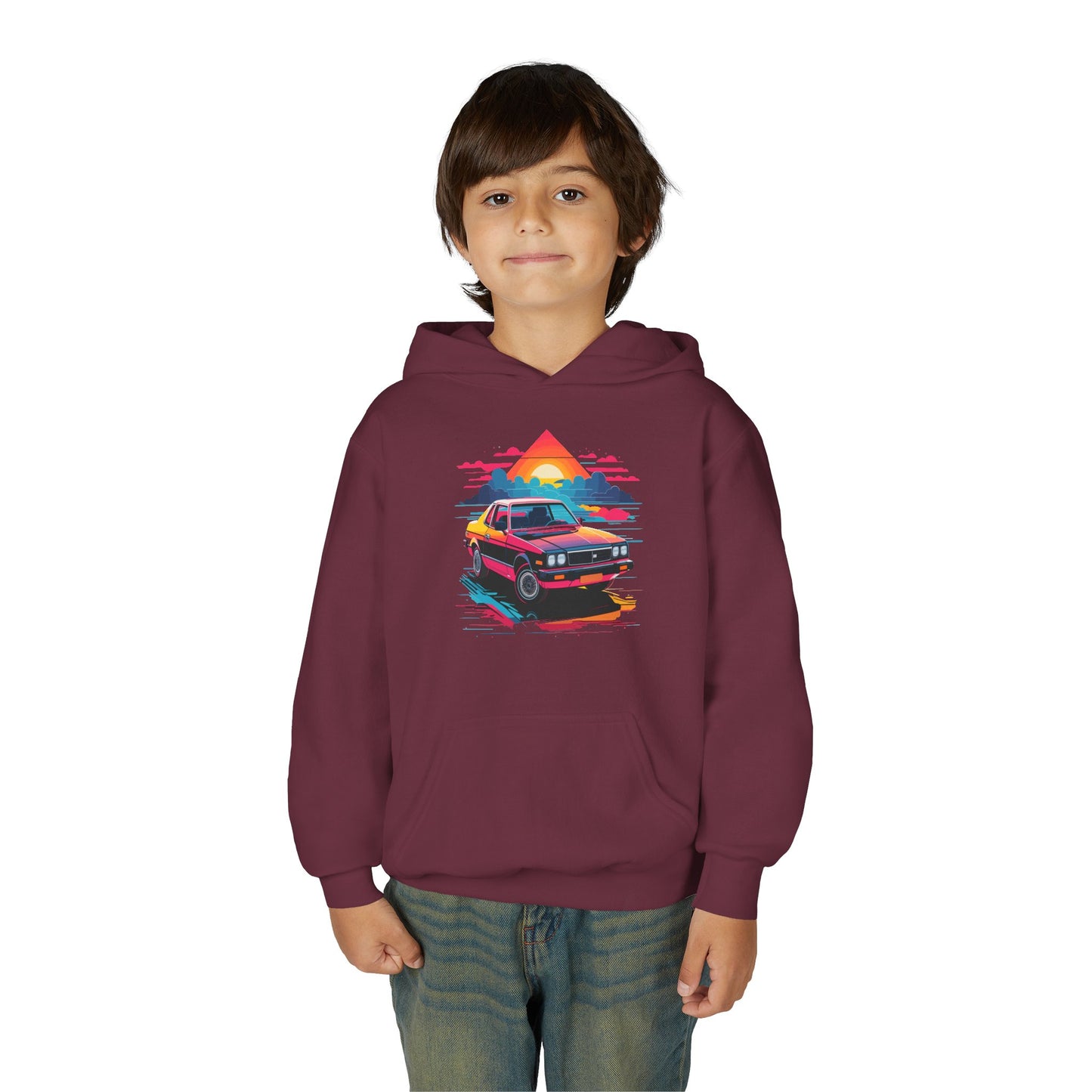 Youth Heavy Blend Hooded Sweatshirt - Retro Car and Sunset