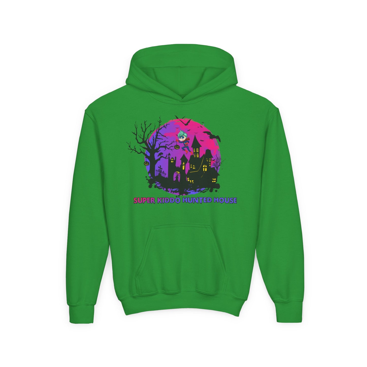 Youth Heavy Blend Hooded Sweatshirt - Super kiddo flying on hunted house