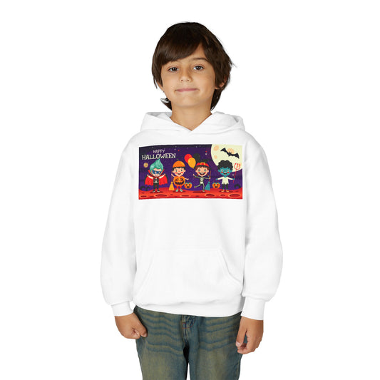 Youth Heavy Blend Hooded Sweatshirt - Super kiddo with friends on holloween