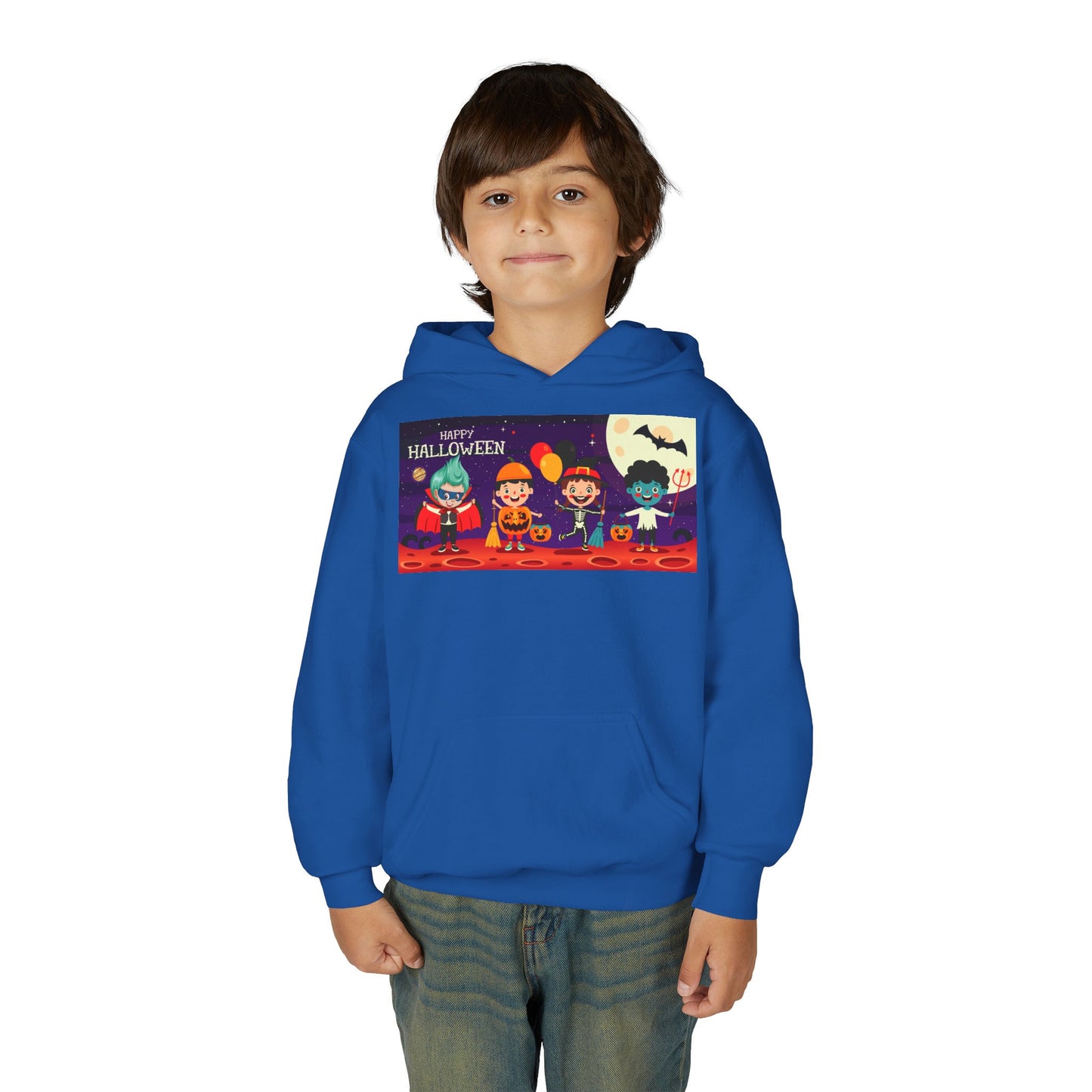 Youth Heavy Blend Hooded Sweatshirt - Super kiddo with friends on holloween