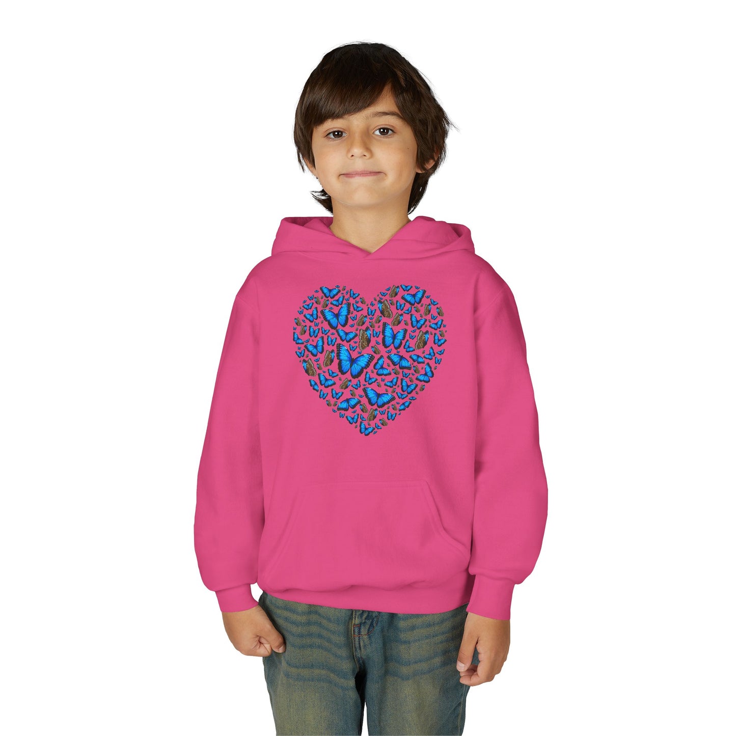 Youth Heavy Blend Hooded Sweatshirt -  Heart shape blue morpho butterfly