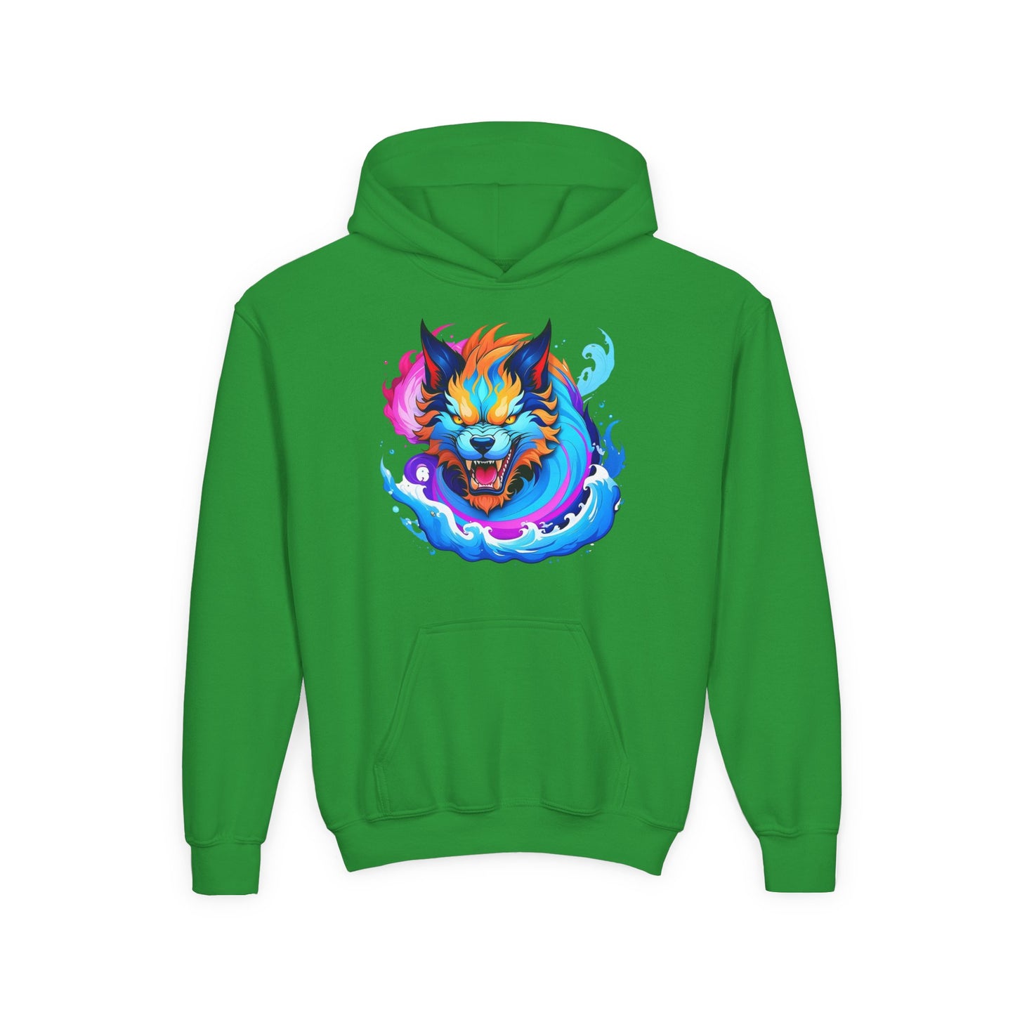 Youth Heavy Blend Hooded Sweatshirt - Vibrant Wolf Design