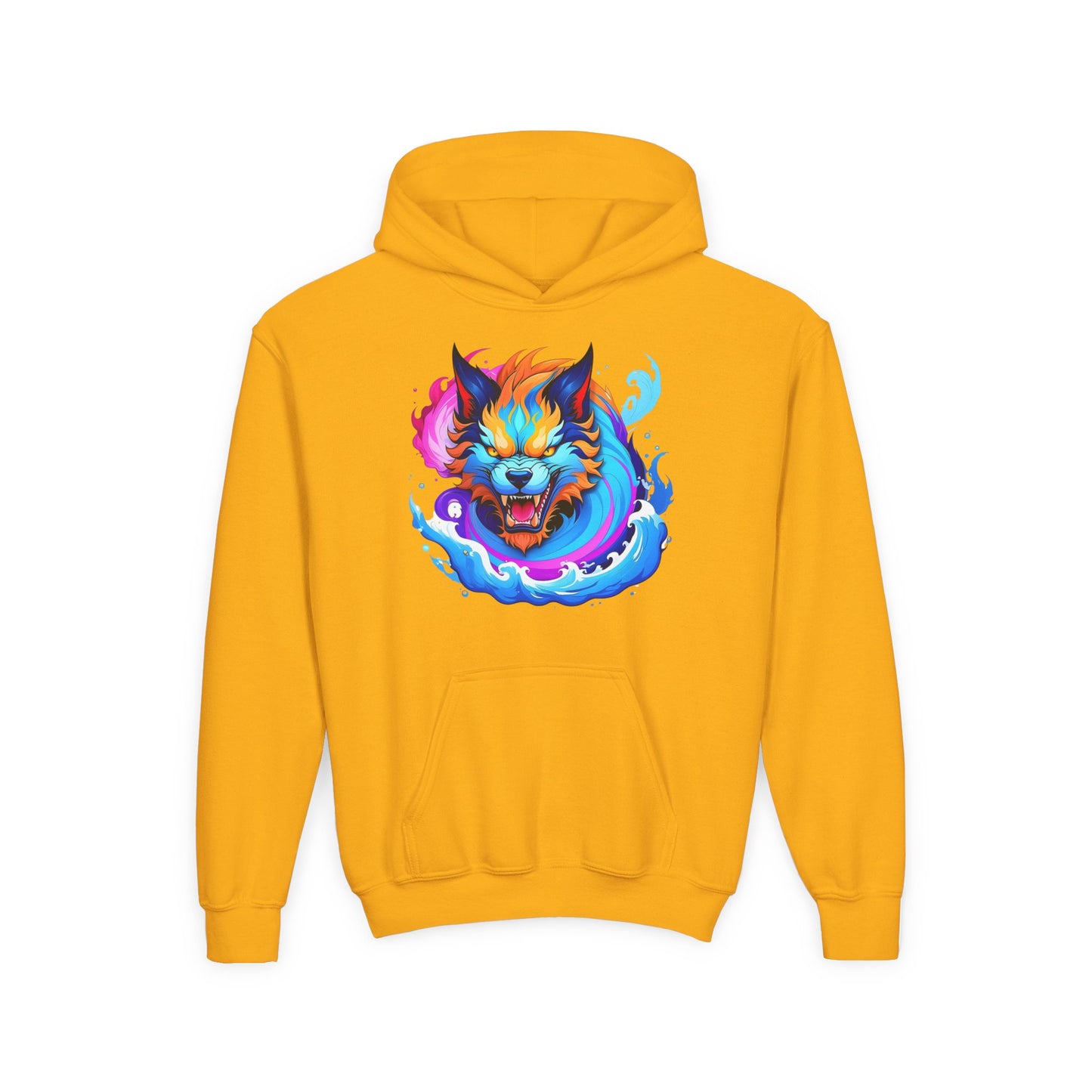 Youth Heavy Blend Hooded Sweatshirt - Vibrant Wolf Design