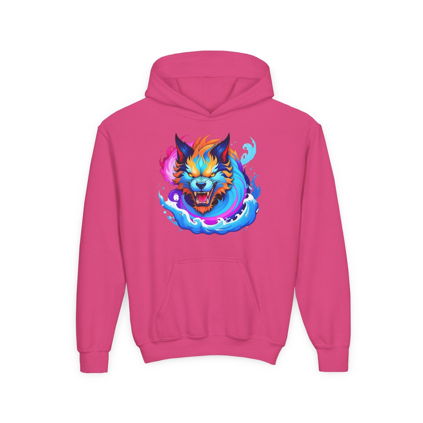 Youth Heavy Blend Hooded Sweatshirt - Vibrant Wolf Design