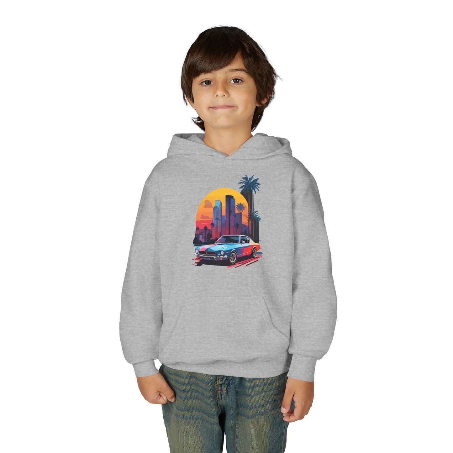 Youth Heavy Blend Hooded Sweatshirt - Vintage Car Sunset