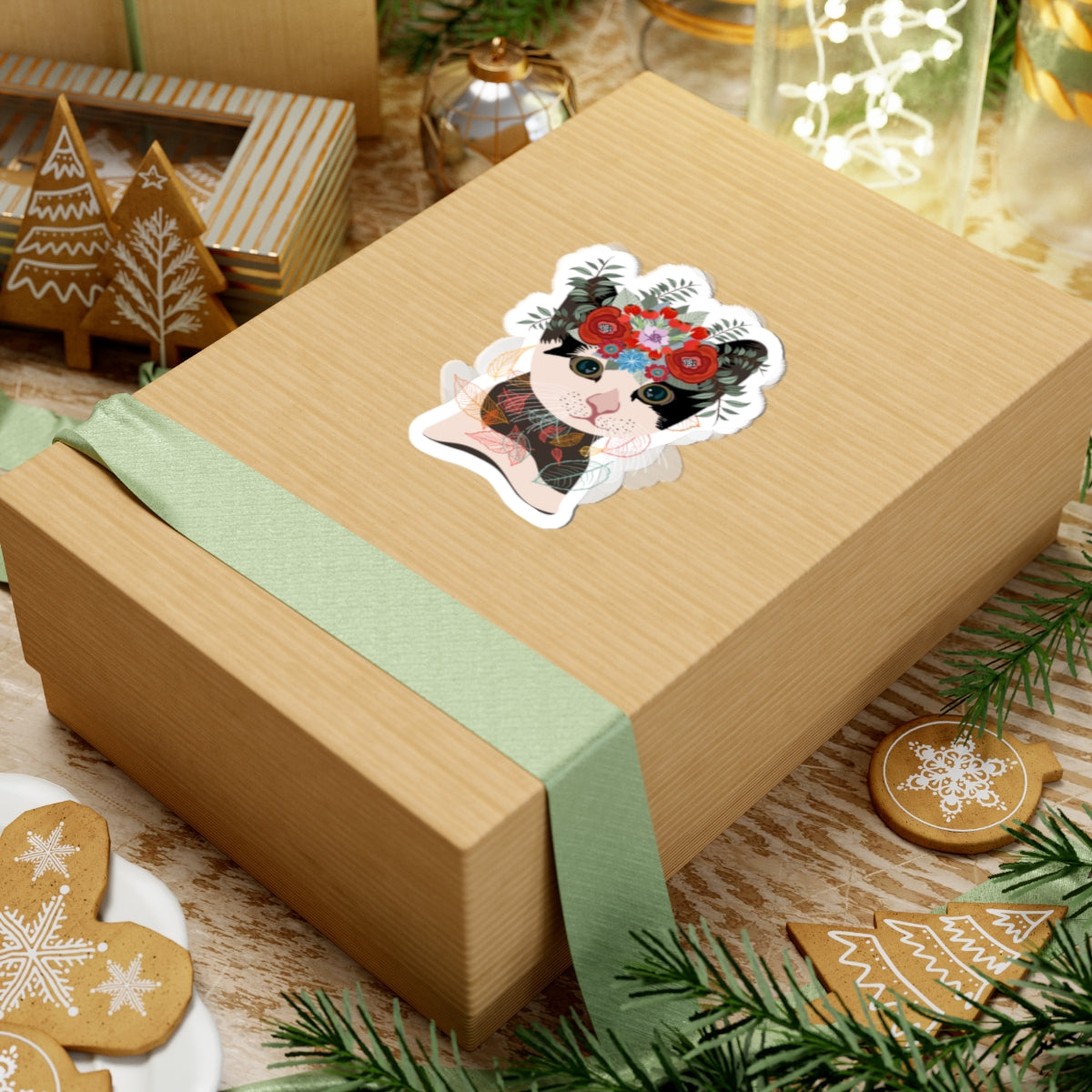 Kiss-Cut Vinyl Decals - Lovely cat with crown flowers