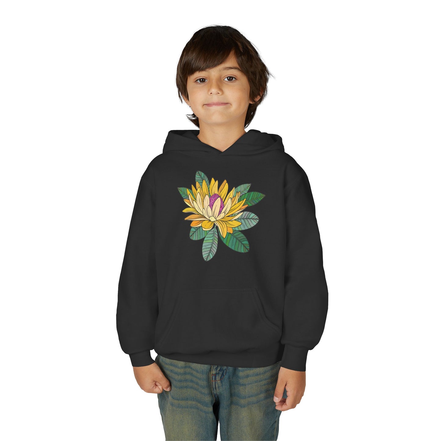 Youth Heavy Blend Hooded Sweatshirt -  Yellow flower