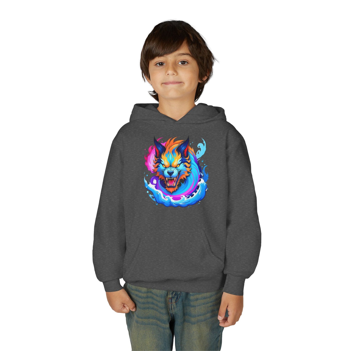 Youth Heavy Blend Hooded Sweatshirt - Vibrant Wolf Design