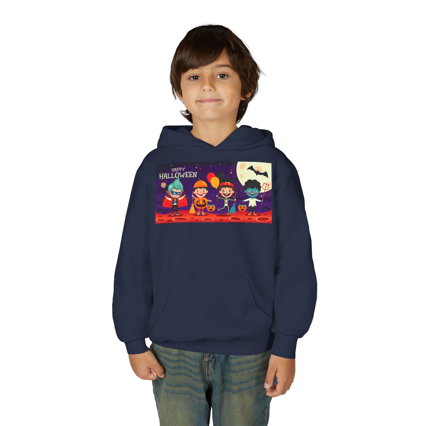 Youth Heavy Blend Hooded Sweatshirt - Super kiddo with friends on holloween