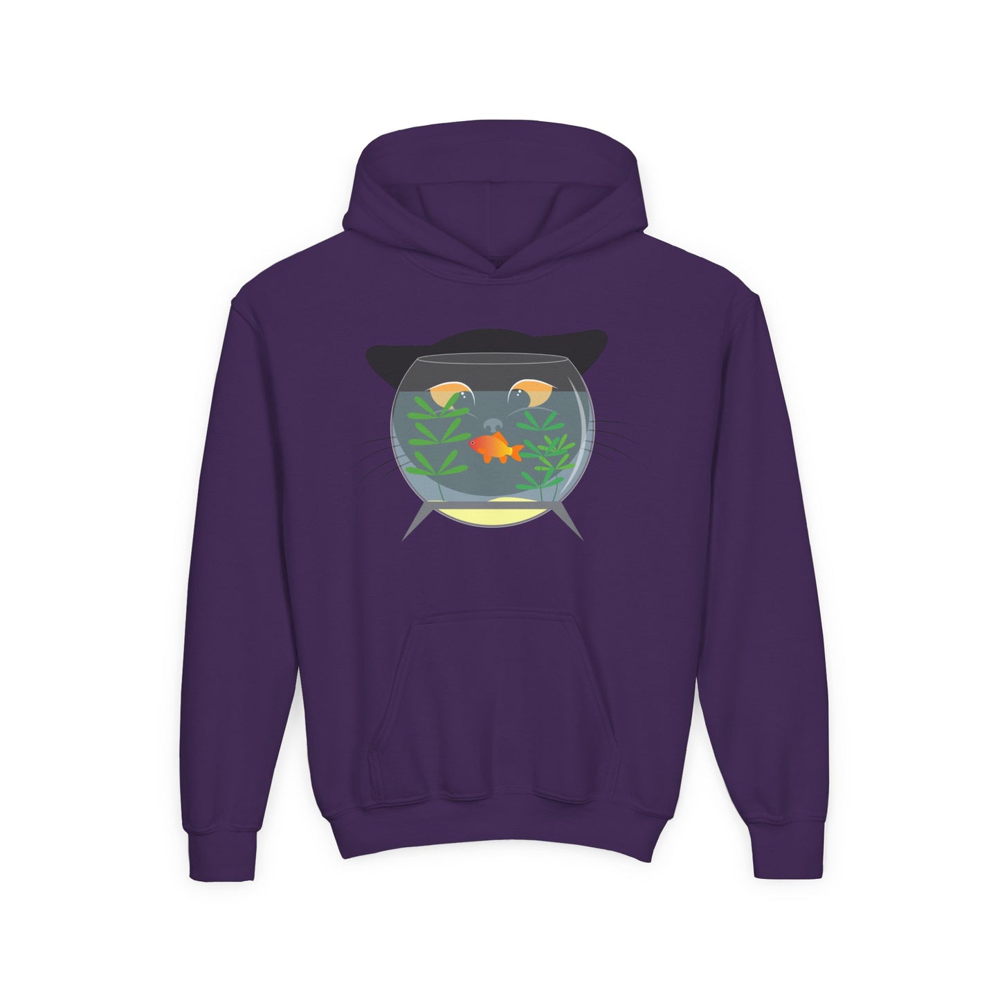 Youth Heavy Blend Hooded Sweatshirt -  Black cat and gold fish