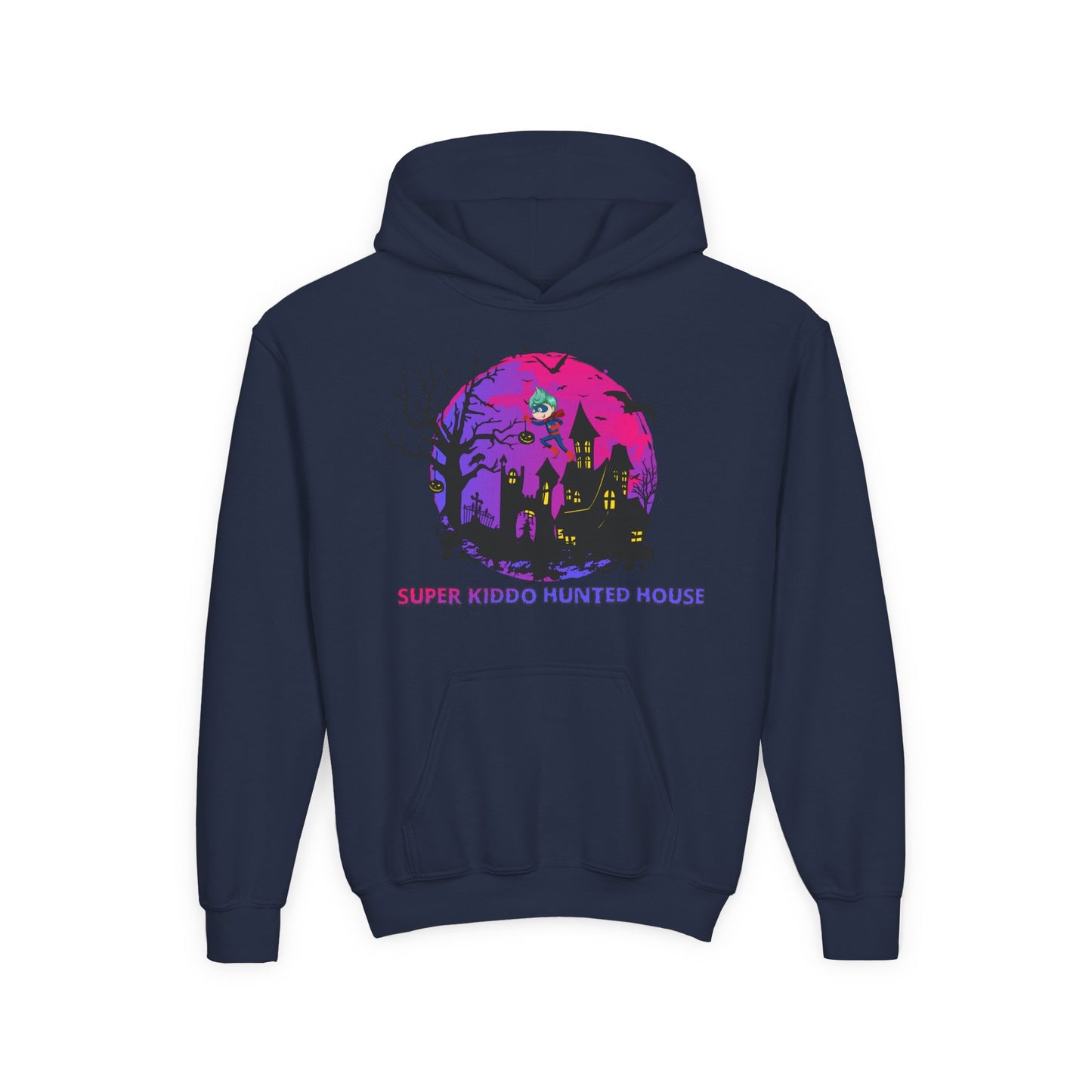 Youth Heavy Blend Hooded Sweatshirt - Super kiddo flying on hunted house
