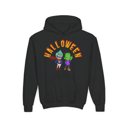 Youth Heavy Blend Hooded Sweatshirt - Holloween with super kiddo Printify