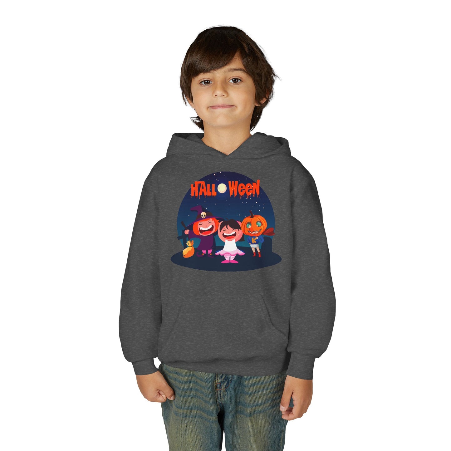 Youth Heavy Blend Hooded Sweatshirt - Super kiddo wearing pumpkin