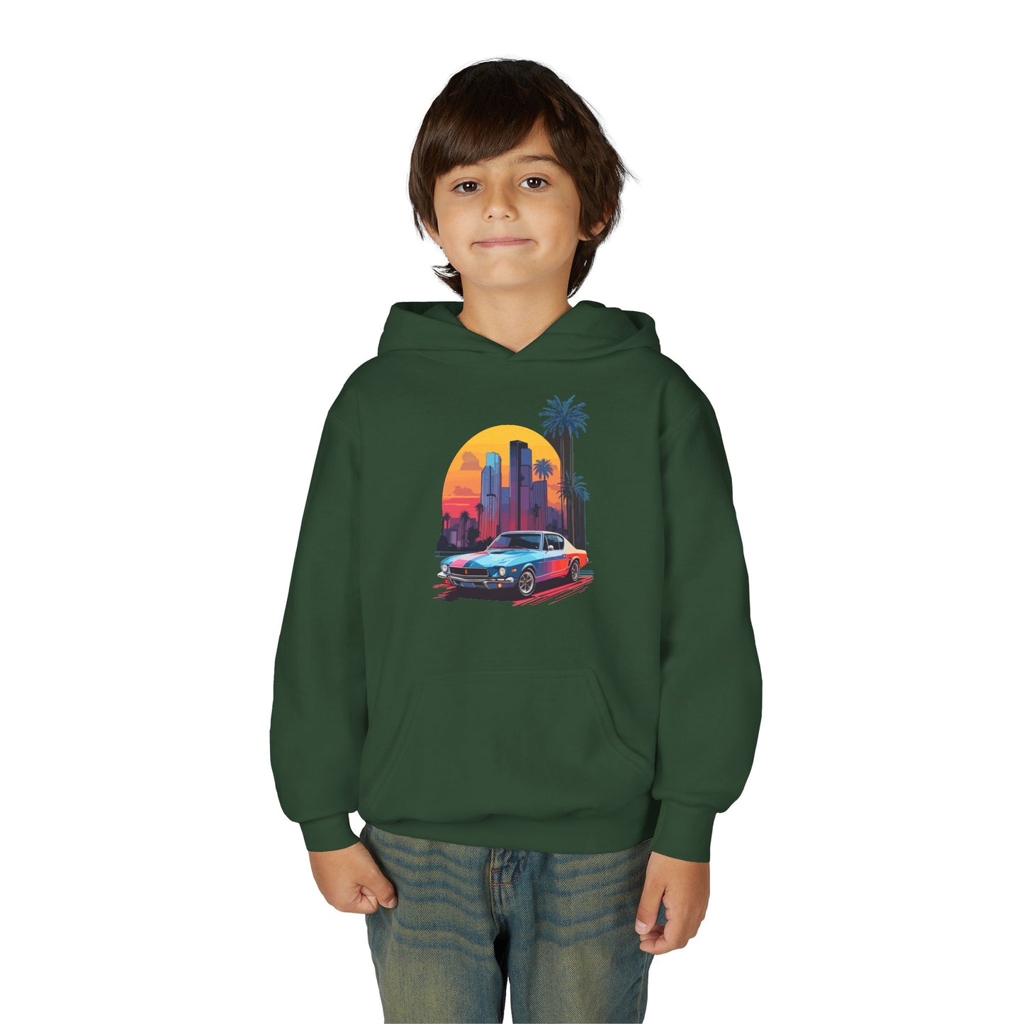 Youth Heavy Blend Hooded Sweatshirt - Vintage Car Sunset