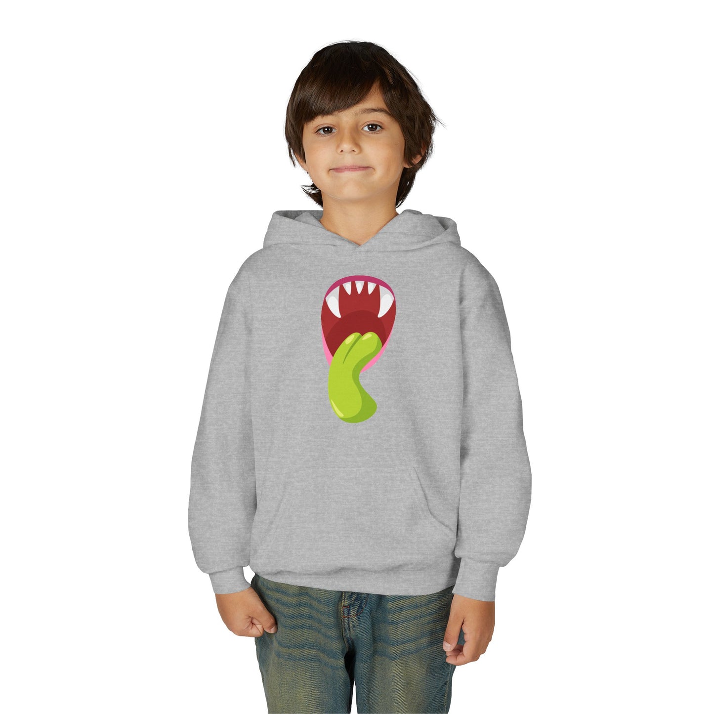 Youth Heavy Blend Hooded Sweatshirt - Monster showing tongue