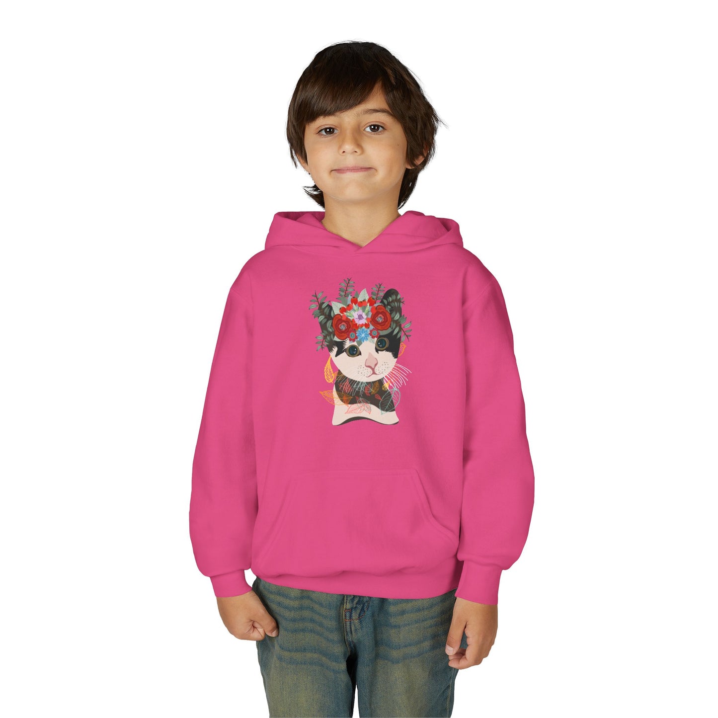 Youth Heavy Blend Hooded Sweatshirt - Lovely cat with crown flower