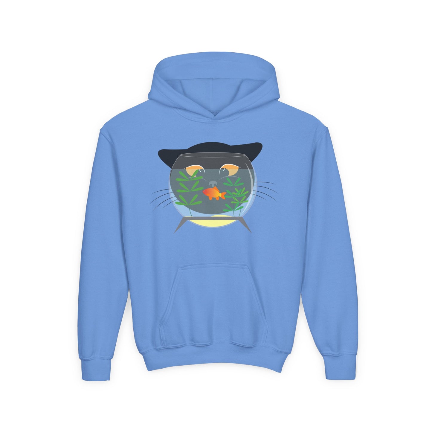Youth Heavy Blend Hooded Sweatshirt -  Black cat and gold fish