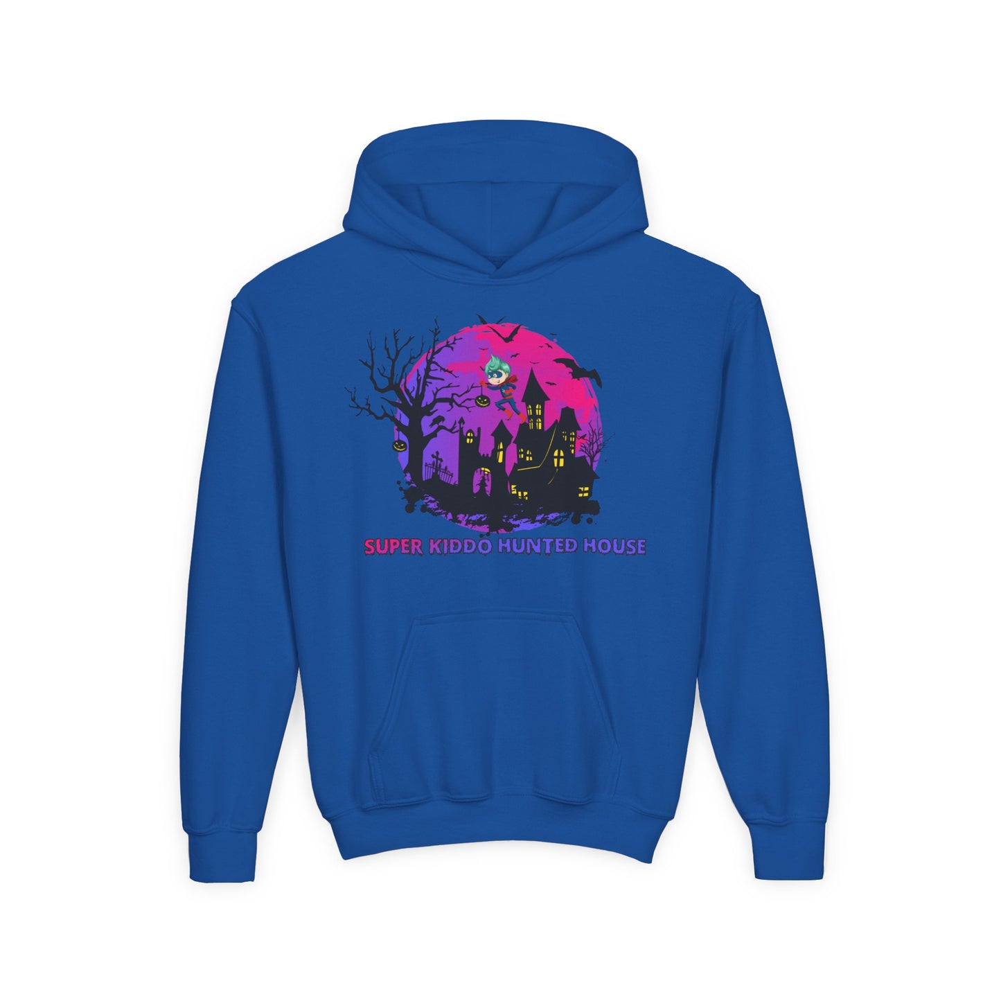 Youth Heavy Blend Hooded Sweatshirt - Super kiddo flying on hunted house