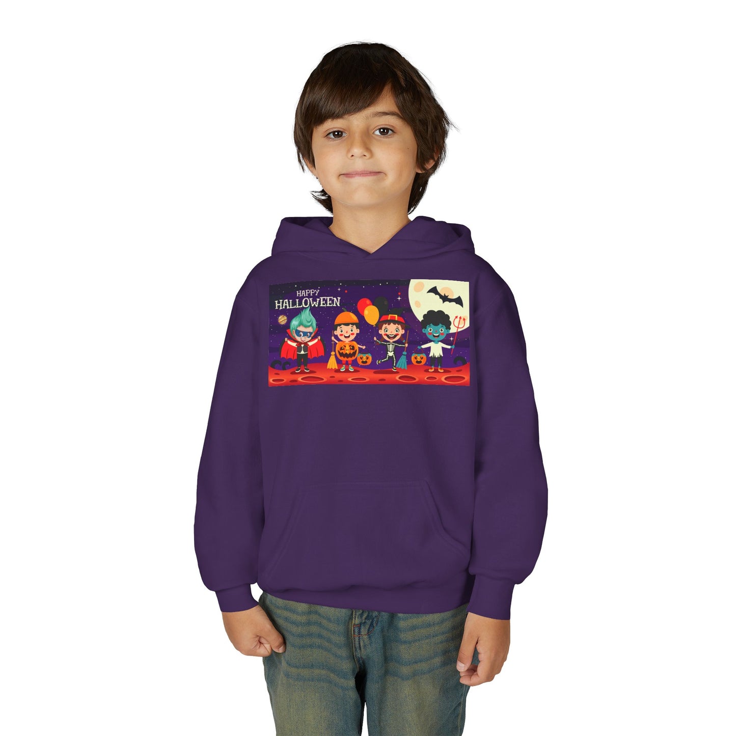 Youth Heavy Blend Hooded Sweatshirt - Super kiddo with friends on holloween