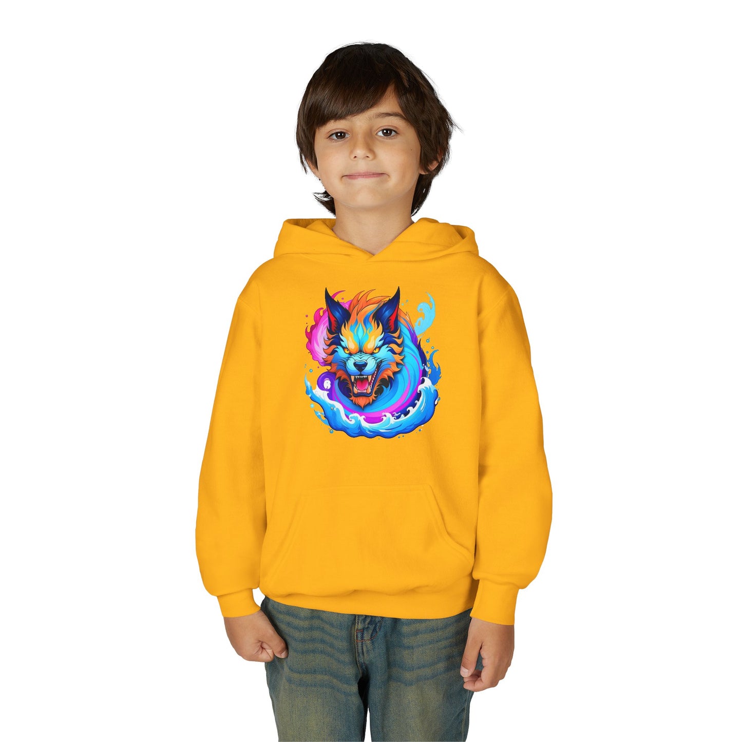 Youth Heavy Blend Hooded Sweatshirt - Vibrant Wolf Design