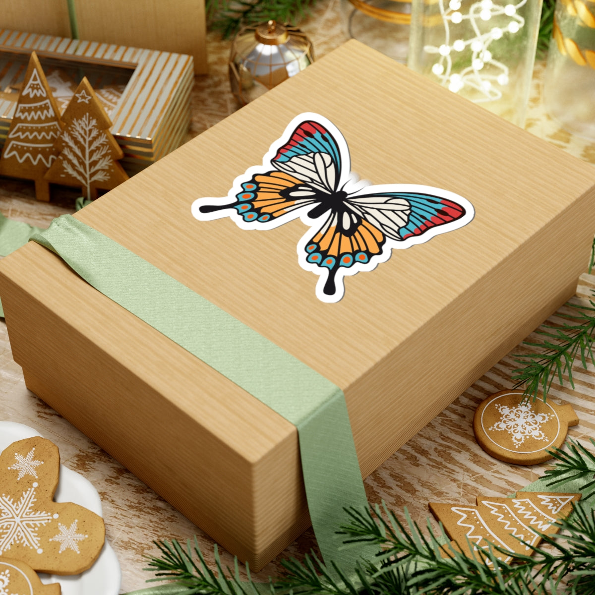 Kiss-Cut Stickers -Green - orange butterfly