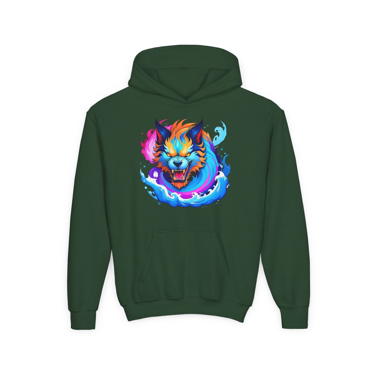 Youth Heavy Blend Hooded Sweatshirt - Vibrant Wolf Design