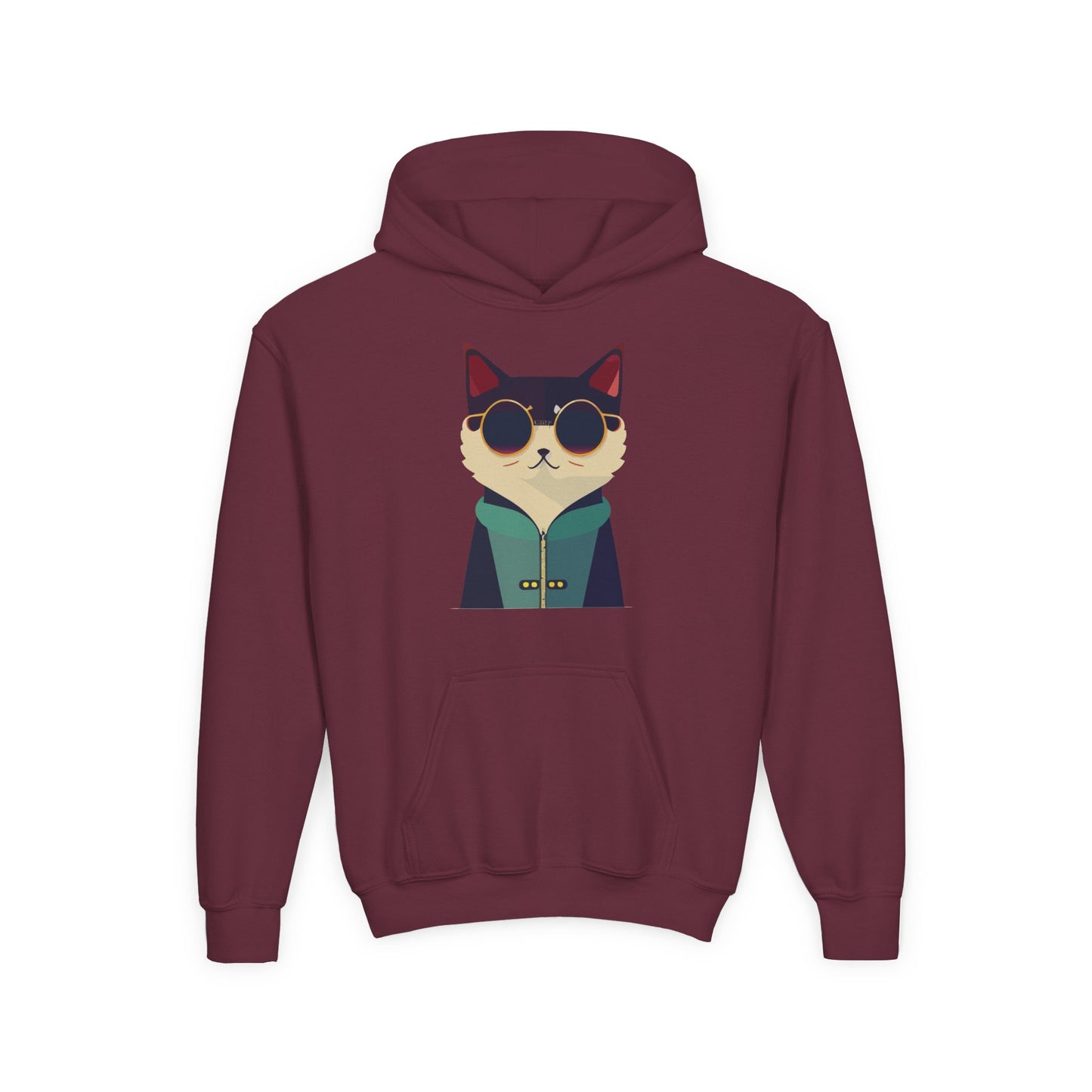 Youth Heavy Blend Hooded Sweatshirt - Cool Cat with Sunglasses