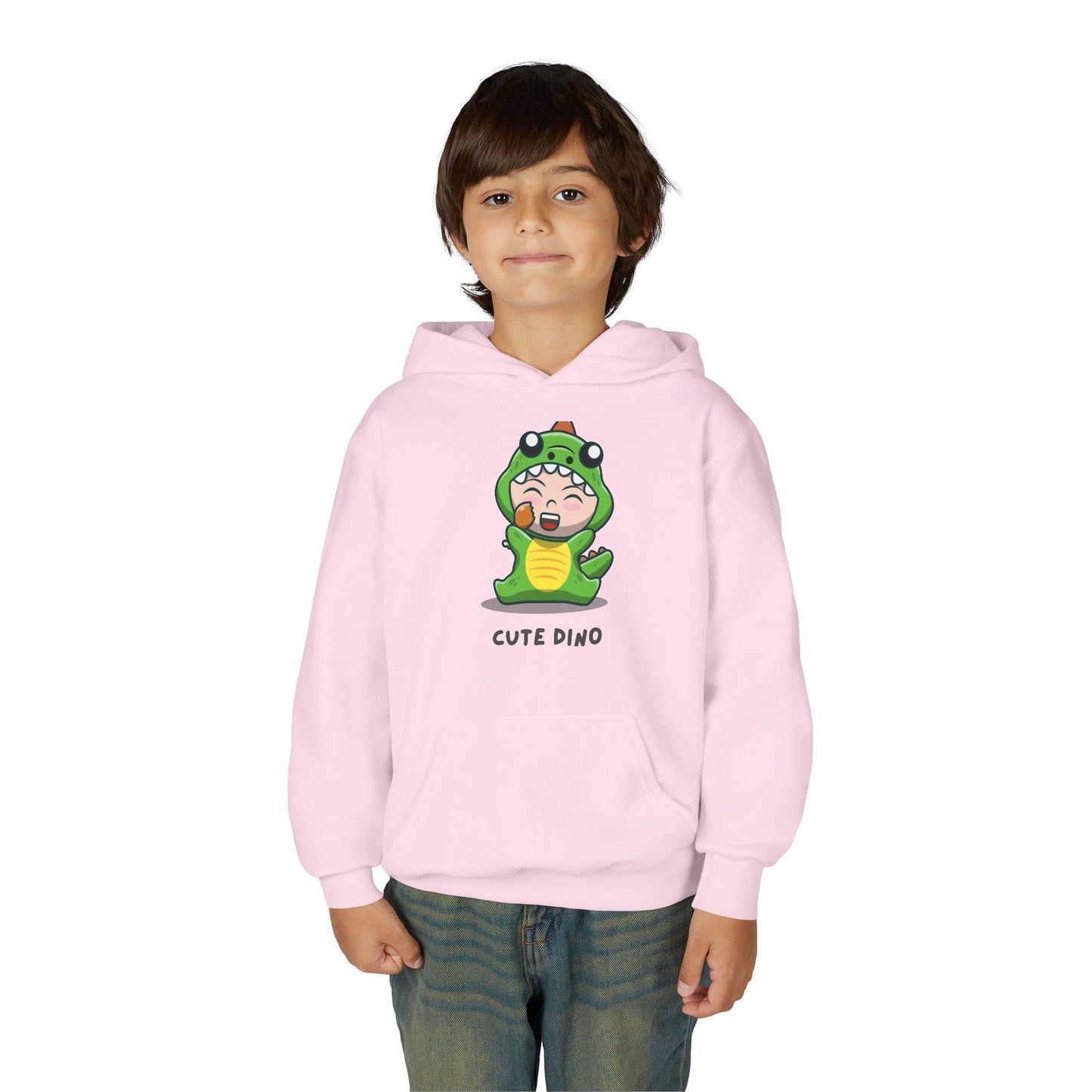 Youth Heavy Blend Hooded Sweatshirt - Green Cute Dino