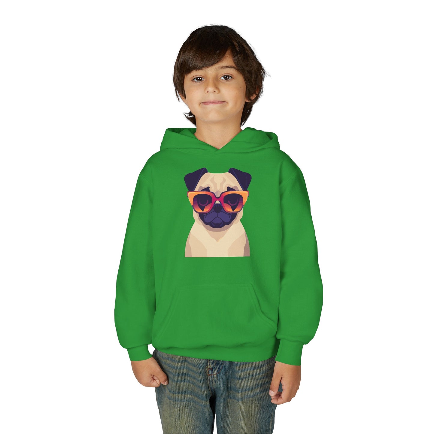 Youth Heavy Blend Hooded Sweatshirt - Cool Pug with Sunglasses