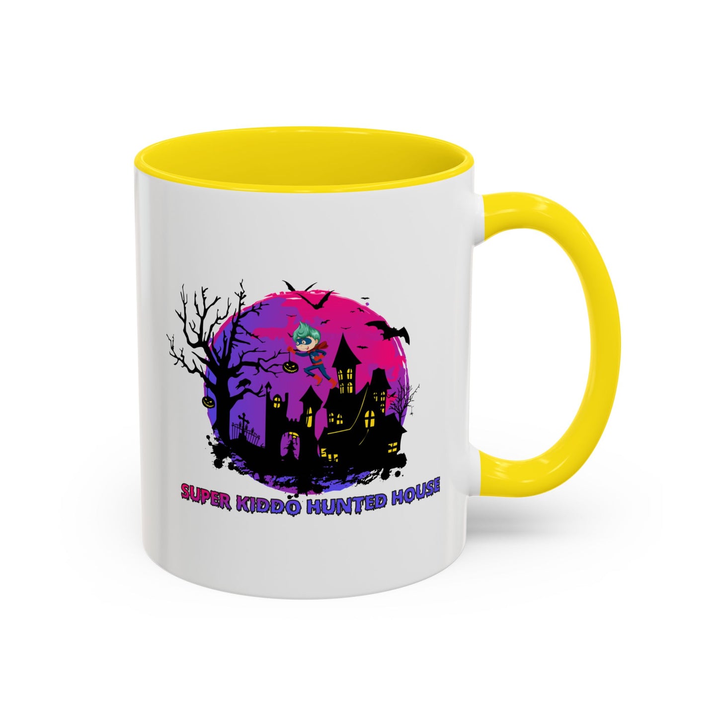Accent Coffee Mug - Super kiddo flying on hunted house