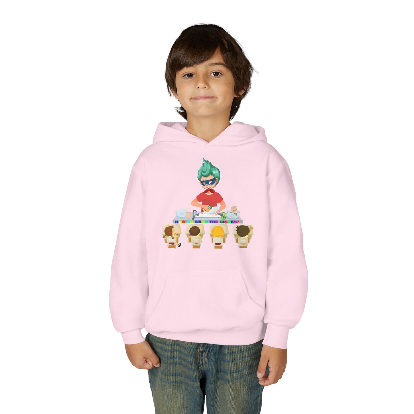 Youth Heavy Blend Hooded Sweatshirt - Little kiddo teaching to wash dishes