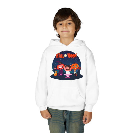 Youth Heavy Blend Hooded Sweatshirt - Super kiddo wearing pumpkin