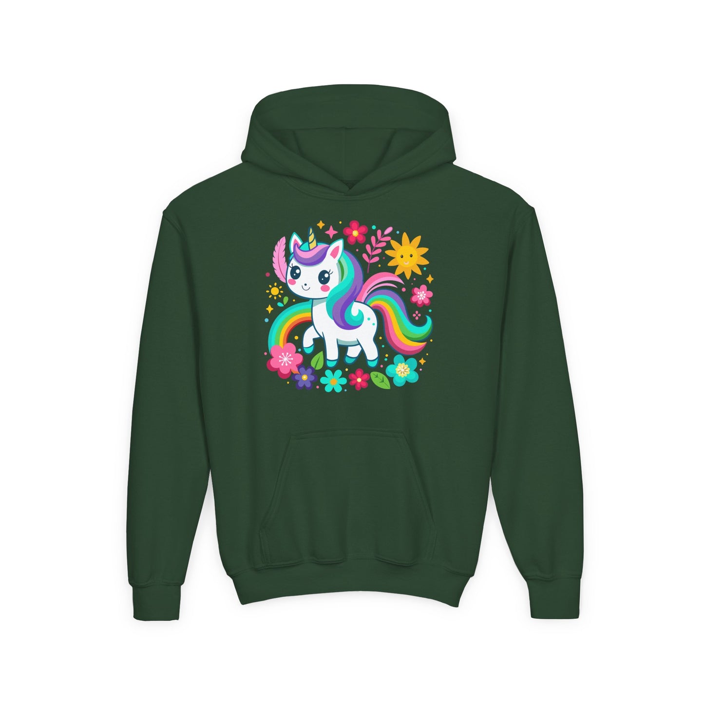 Youth Heavy Blend Hooded Sweatshirt - Unicorn with flowers