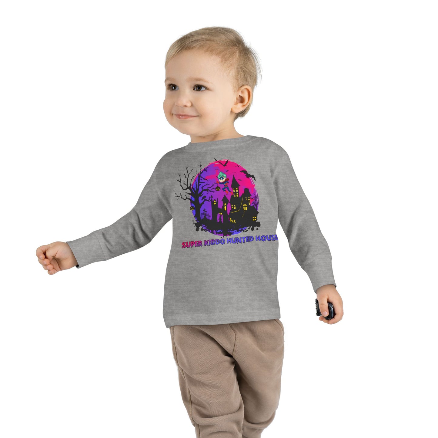Toddler Long Sleeve Tee - Super kiddo flying on hunted house