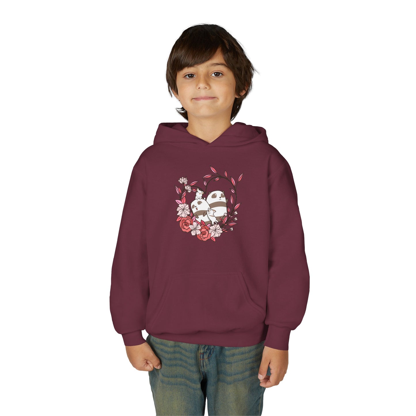 Youth Heavy Blend Hooded Sweatshirt - Panda and cat love