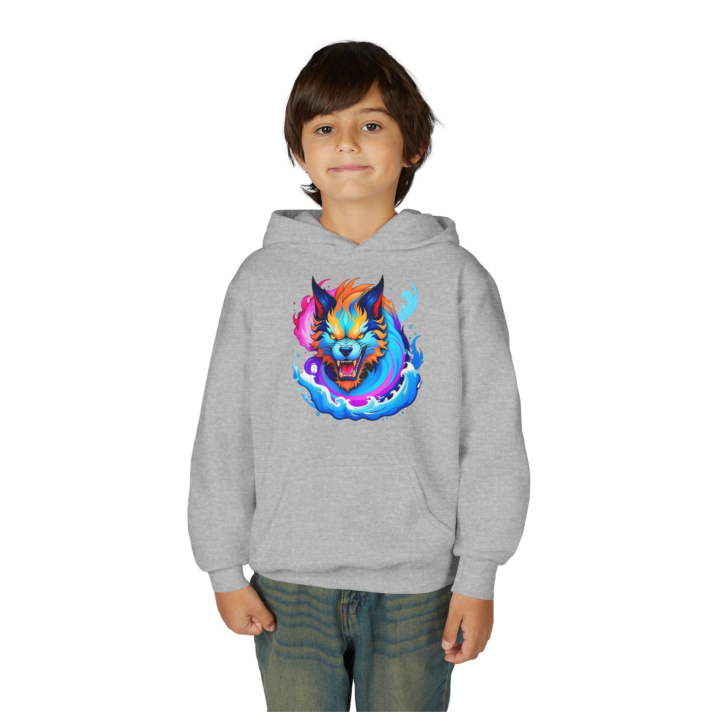 Youth Heavy Blend Hooded Sweatshirt - Vibrant Wolf Design