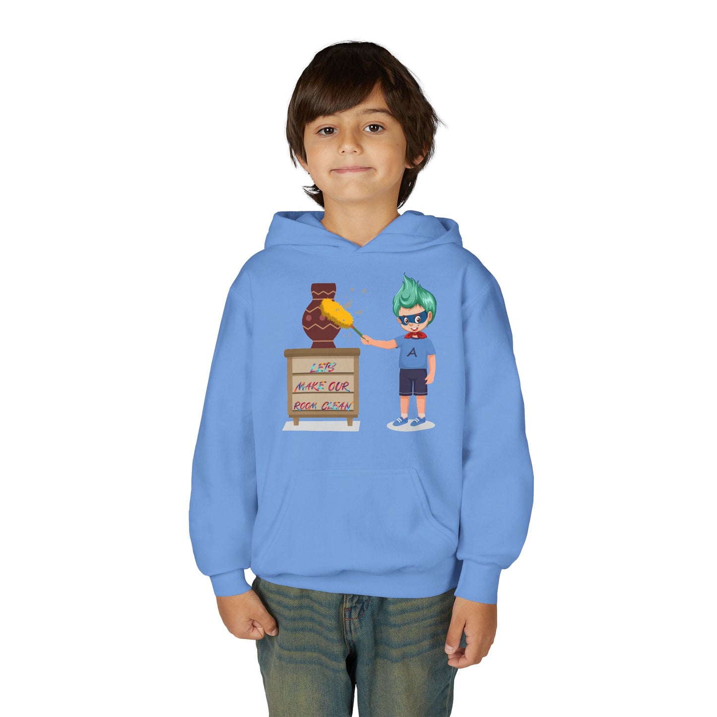 Youth Heavy Blend Hooded Sweatshirt - Super kiddo cleaning a vase