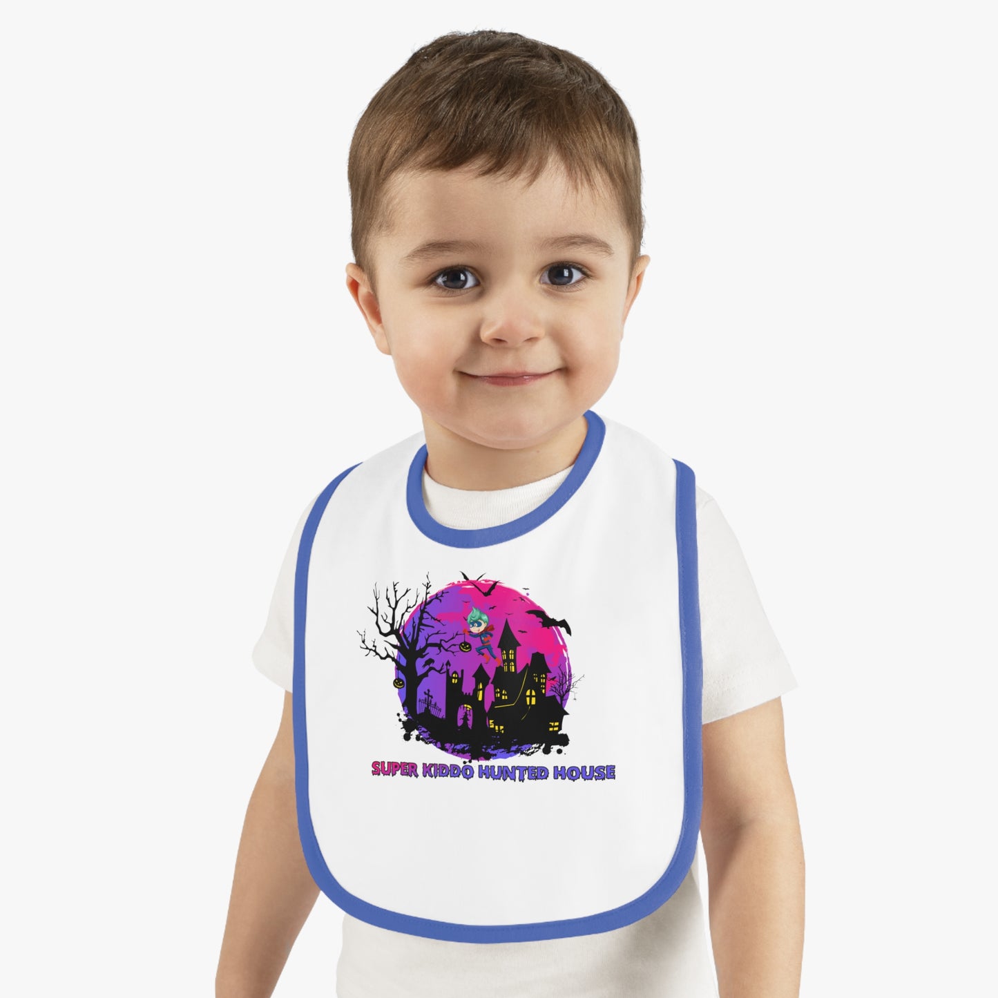 Baby Bib - Super kiddo flying on hunted house