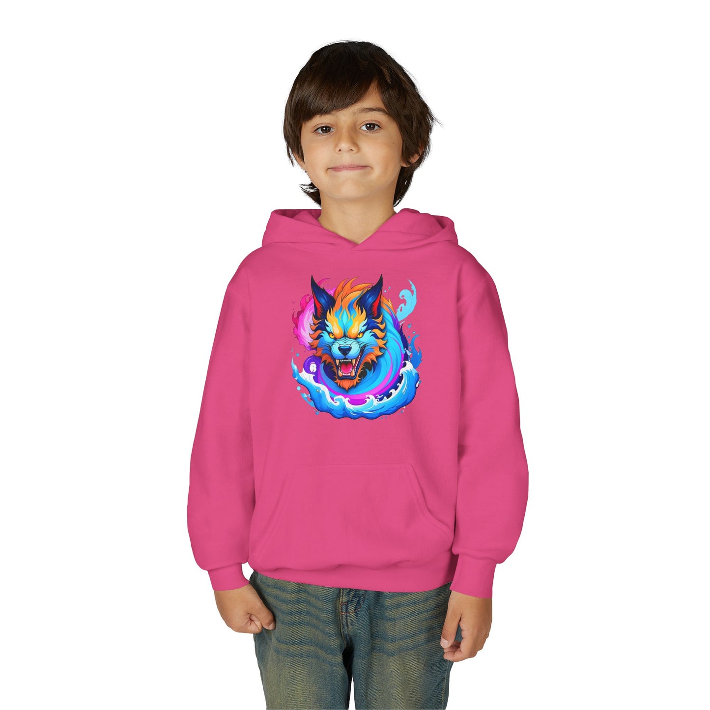 Youth Heavy Blend Hooded Sweatshirt - Vibrant Wolf Design