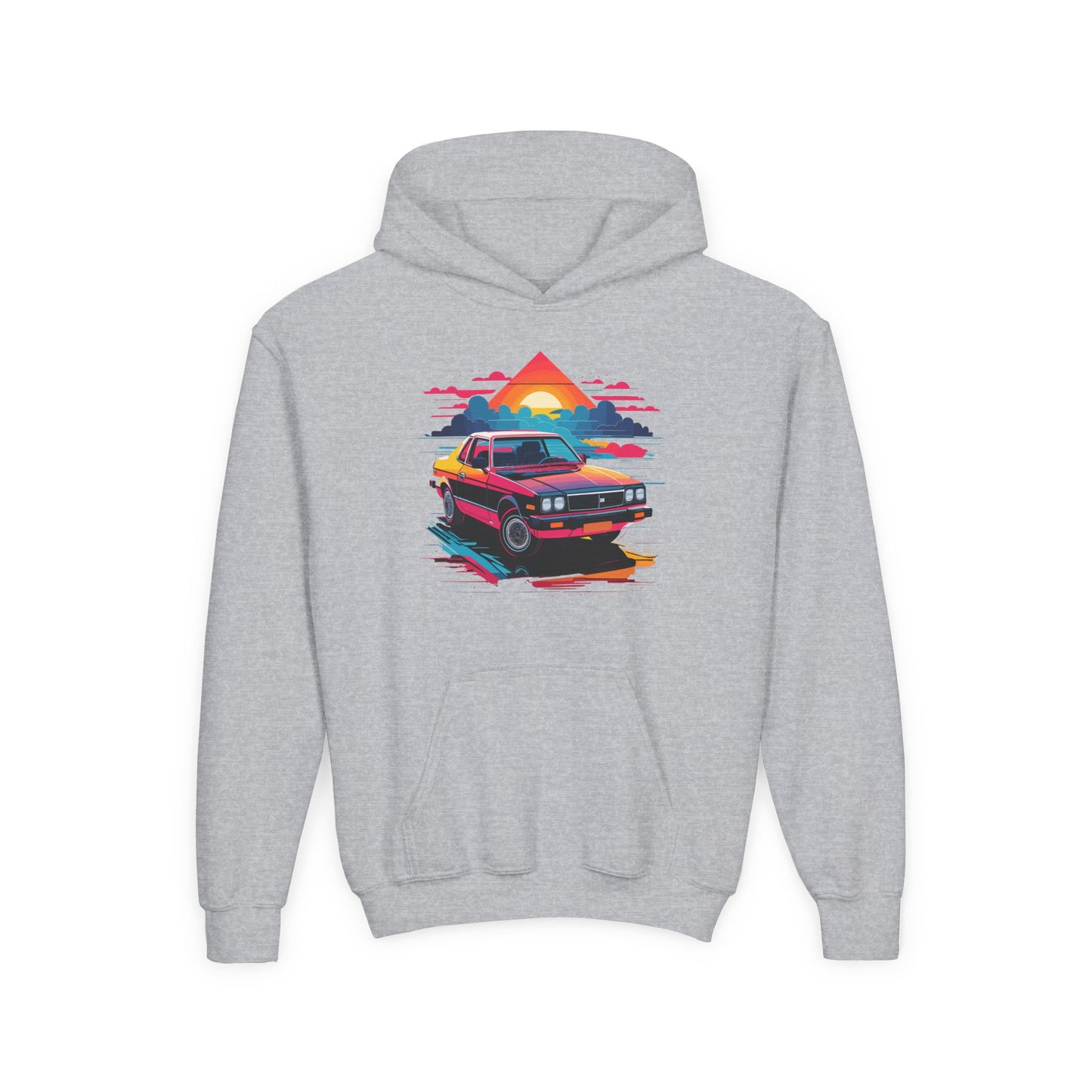 Youth Heavy Blend Hooded Sweatshirt - Retro Car and Sunset
