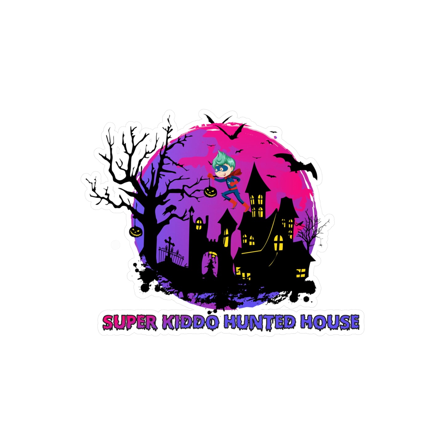 Halloween Kiss-Cut Vinyl Decals – Super kiddo flying on hunted house