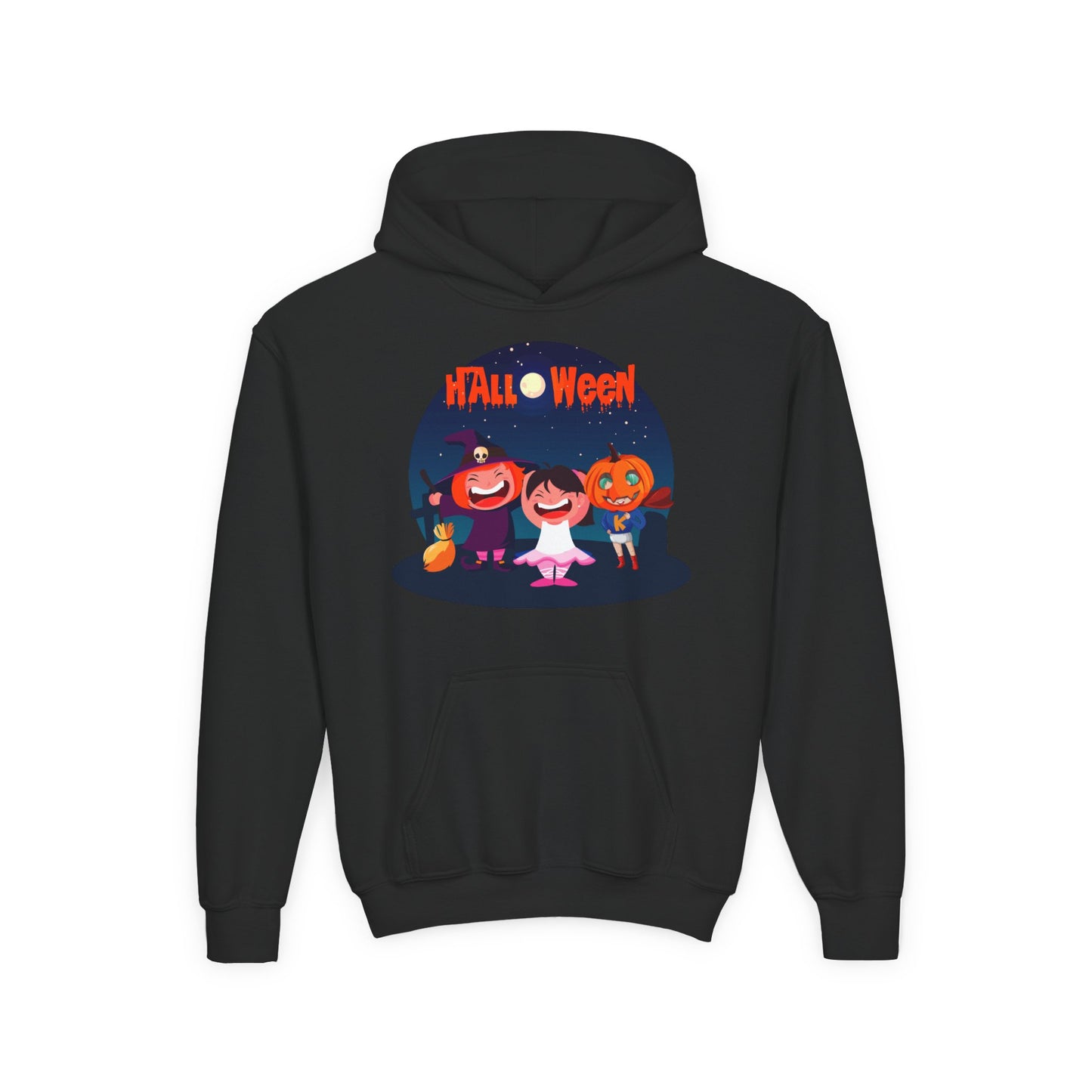 Youth Heavy Blend Hooded Sweatshirt - Super kiddo wearing pumpkin