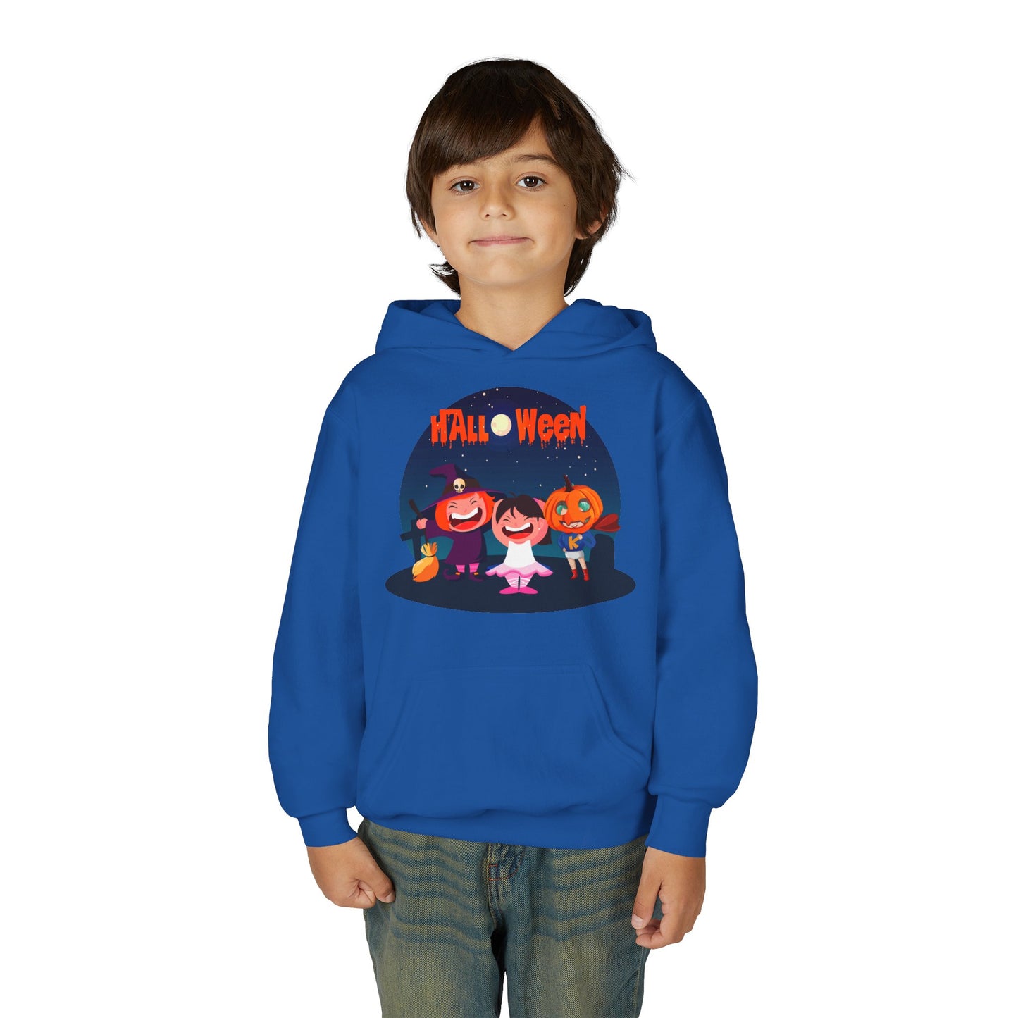 Youth Heavy Blend Hooded Sweatshirt - Super kiddo wearing pumpkin