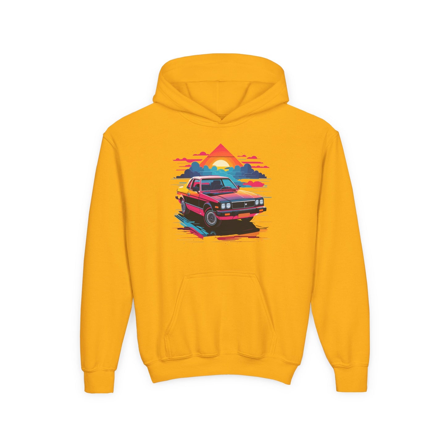 Youth Heavy Blend Hooded Sweatshirt - Retro Car and Sunset