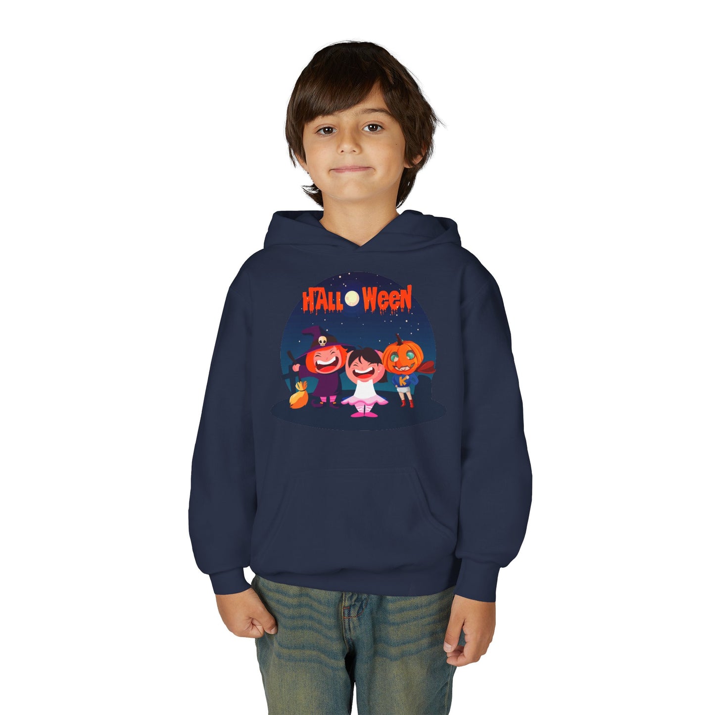 Youth Heavy Blend Hooded Sweatshirt - Super kiddo wearing pumpkin