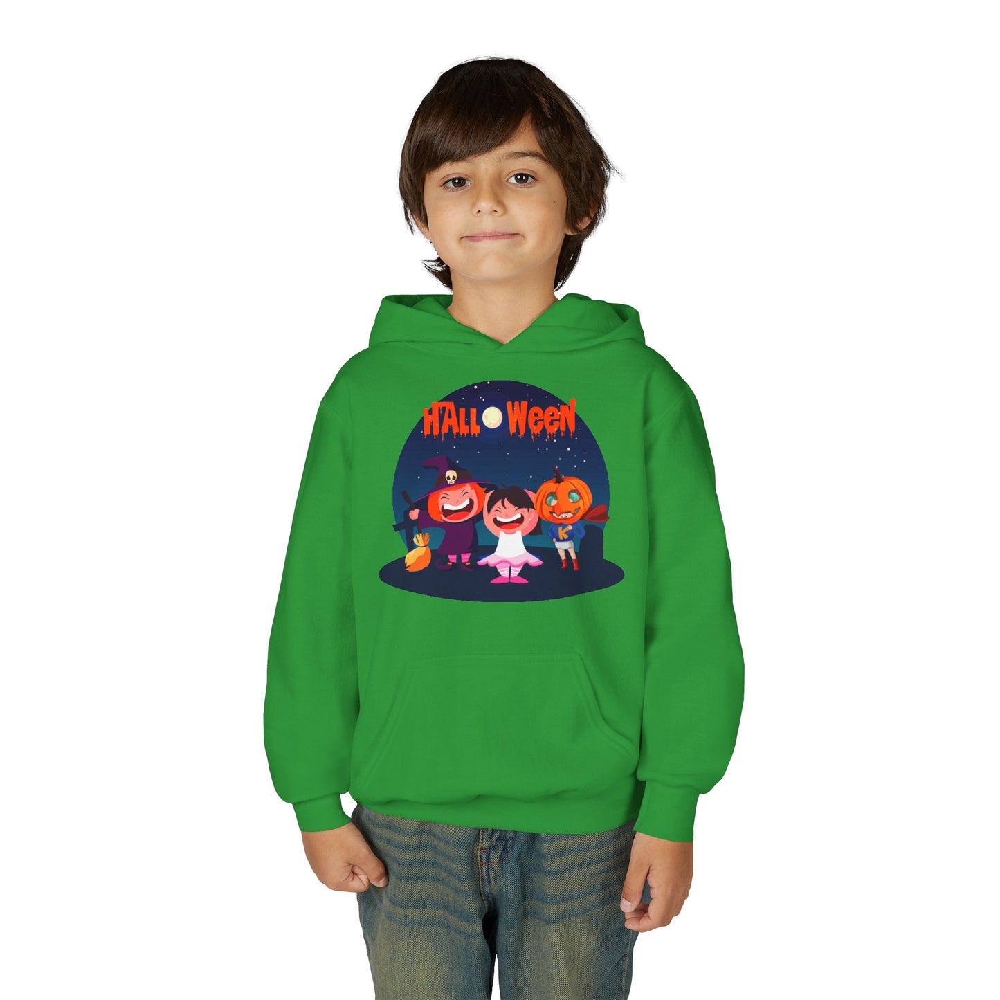 Youth Heavy Blend Hooded Sweatshirt - Super kiddo wearing pumpkin