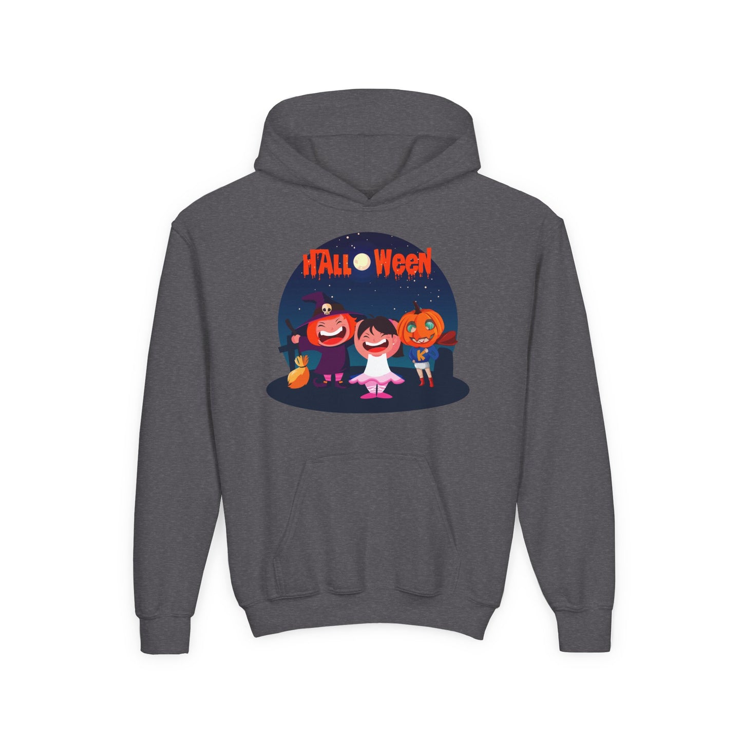 Youth Heavy Blend Hooded Sweatshirt - Super kiddo wearing pumpkin
