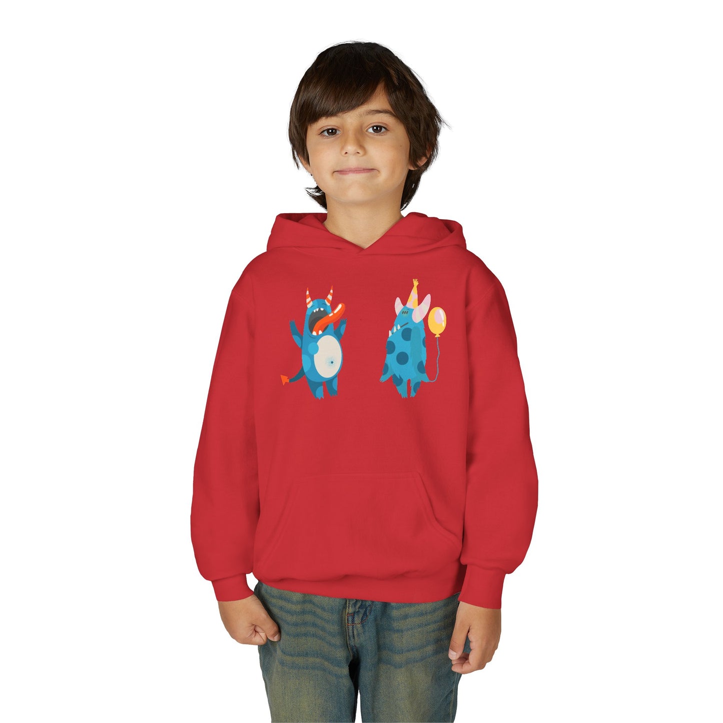 Youth Heavy Blend Hooded Sweatshirt - Blue monsters in action