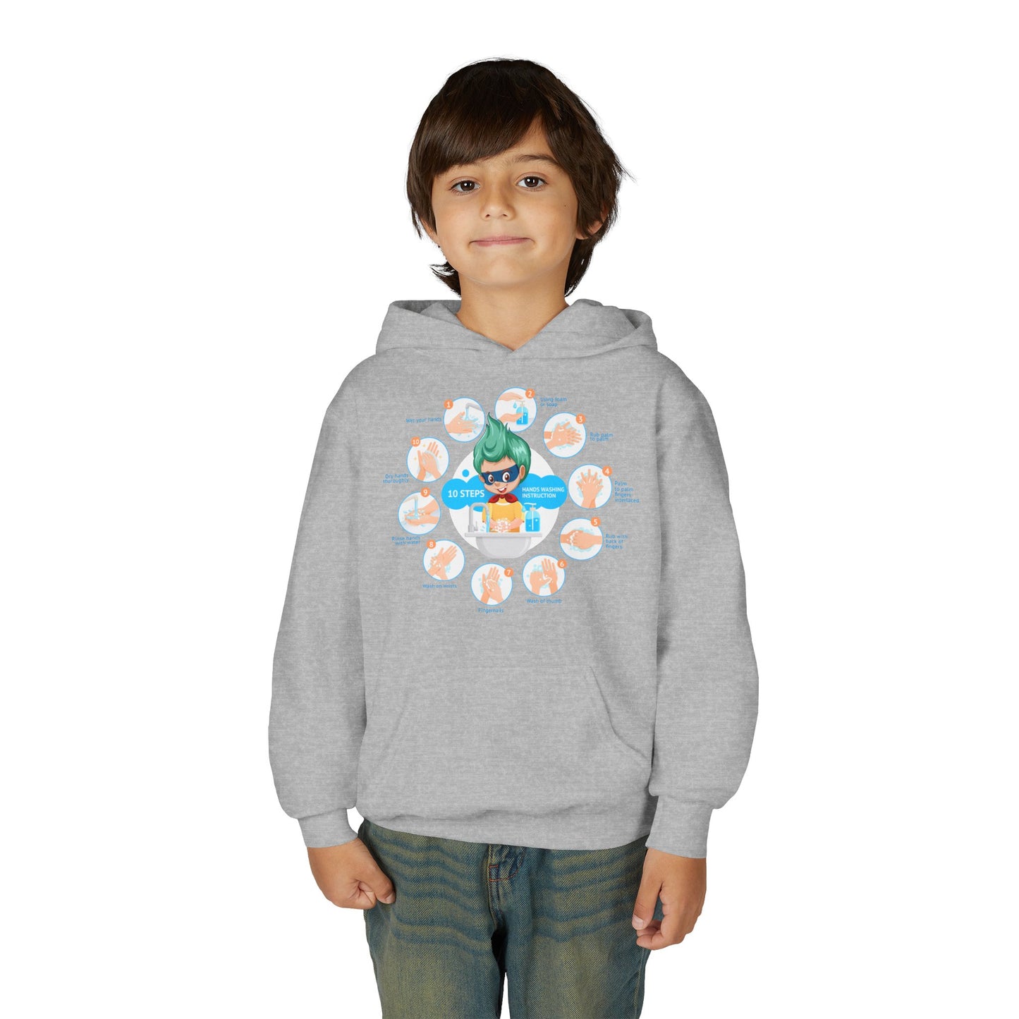 Youth Heavy Blend Hooded Sweatshirt - Super kiddo hand washing steps