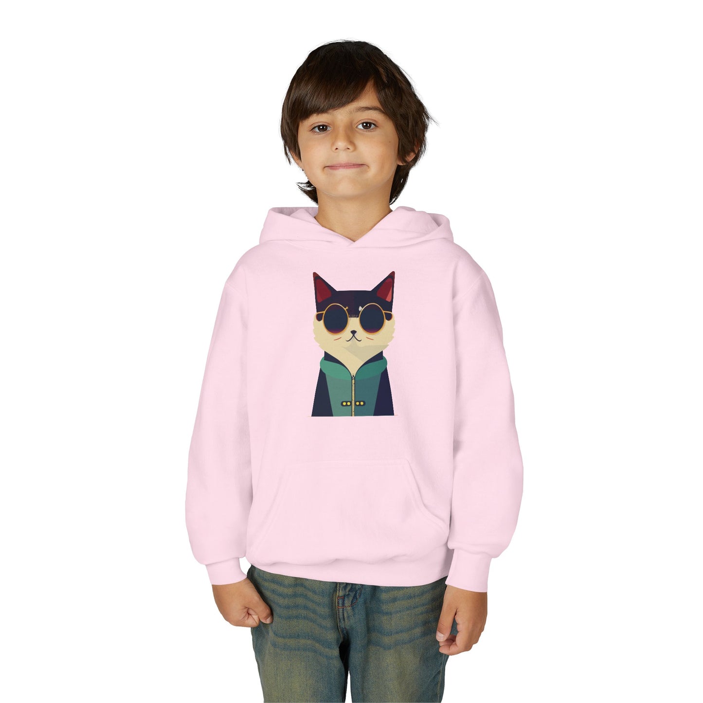 Youth Heavy Blend Hooded Sweatshirt - Cool Cat with Sunglasses